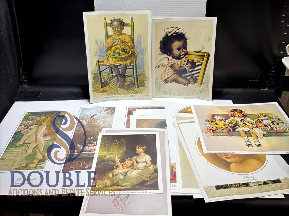 Vintage-Inspired Lithographic Art Prints Featuring Children and Advertising