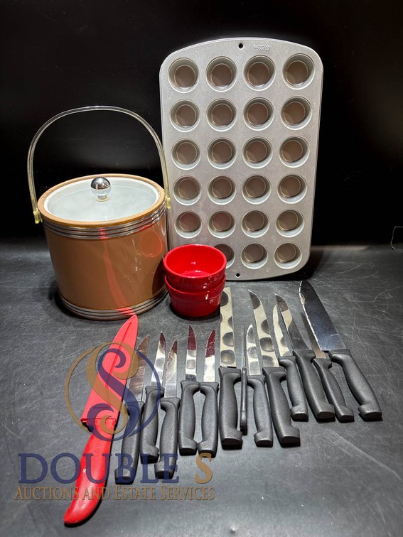 Kitchen Items Including Knife Set, Muffin Pan, Ice Bucket, and Red Bowls