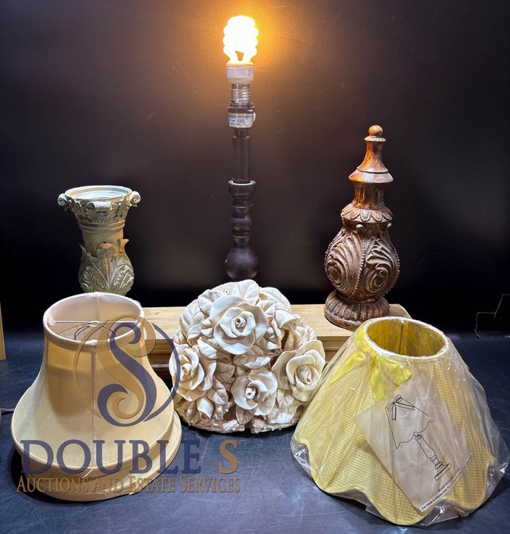 Decorative Items Including Lamp, Vases, and Shades