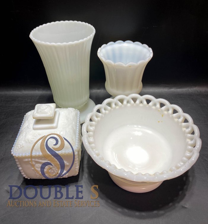 Four White Milk Glass Items Including Vases and Bowls