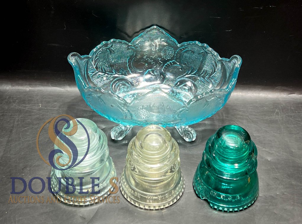 Glass Dish and Three Glass Insulators