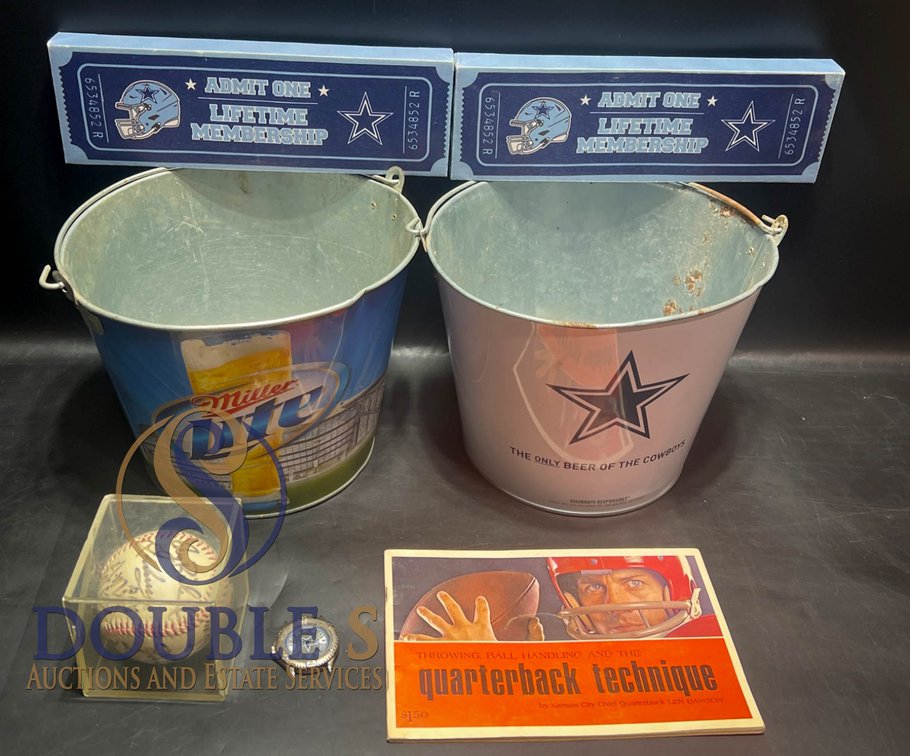 Sports Memorabilia Including Buckets, Baseball, and More