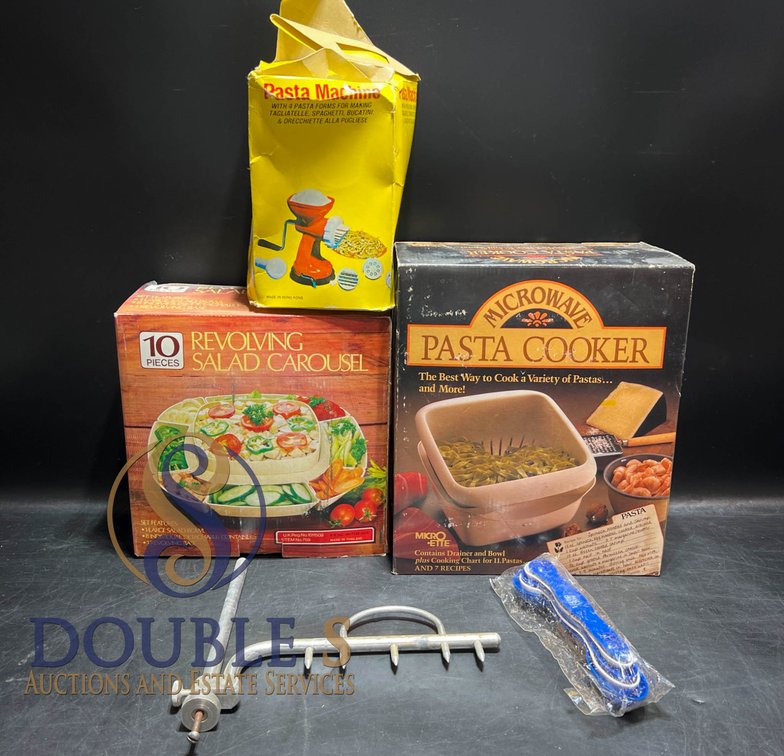 Kitchen Tools Including Microwave Pasta Cooker, Salad Carousel, and Pasta Machine
