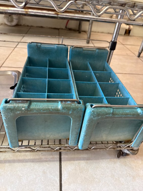 Two 18 x 8 Inch Blue Plastic Storage Bins with Dividers