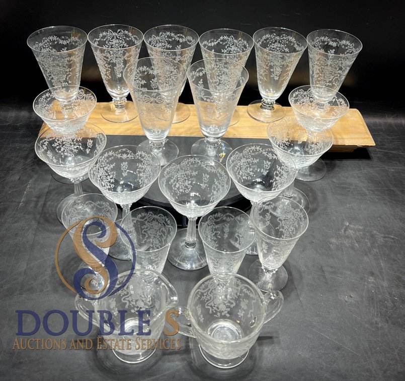 20 Elegant Etched Glassware Pieces, Including Goblets and Creamers