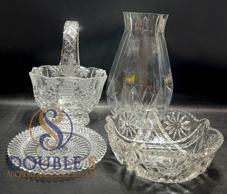 Crystal Glassware Including Basket, Vase, and Plates, Tallest 12 Inches