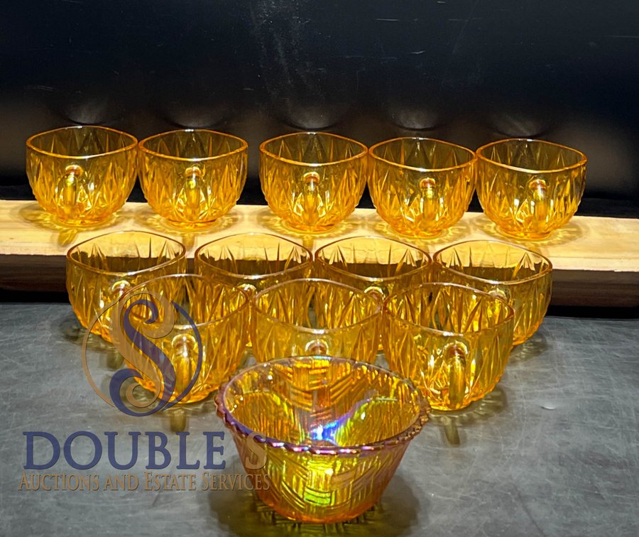 Orange Glass Cups and Iridescent Glass Bowl