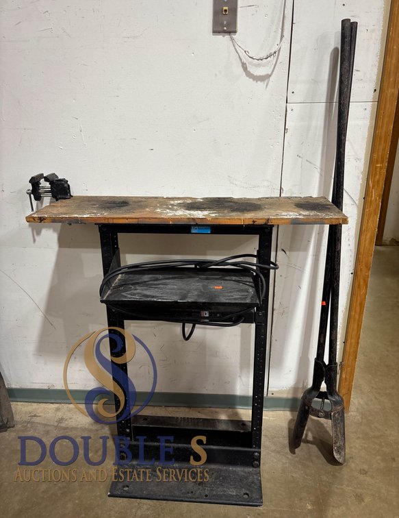 Metal Workbench with Integrated Power Strip, Vise, and Post Hole Digger