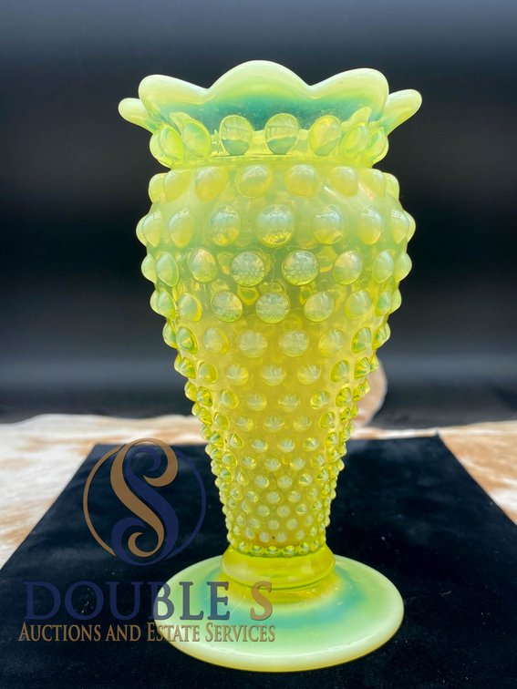 5.5-Inch Vaseline Glass Hobnail Vase with Scalloped Rim