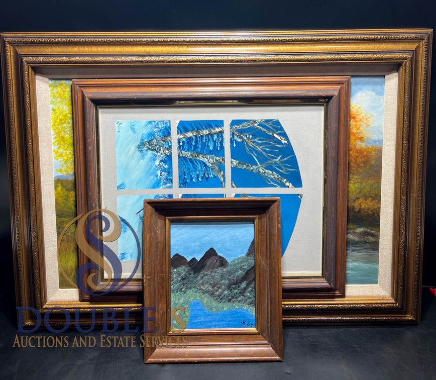 Three Framed Landscape Paintings and One Abstract Artwork