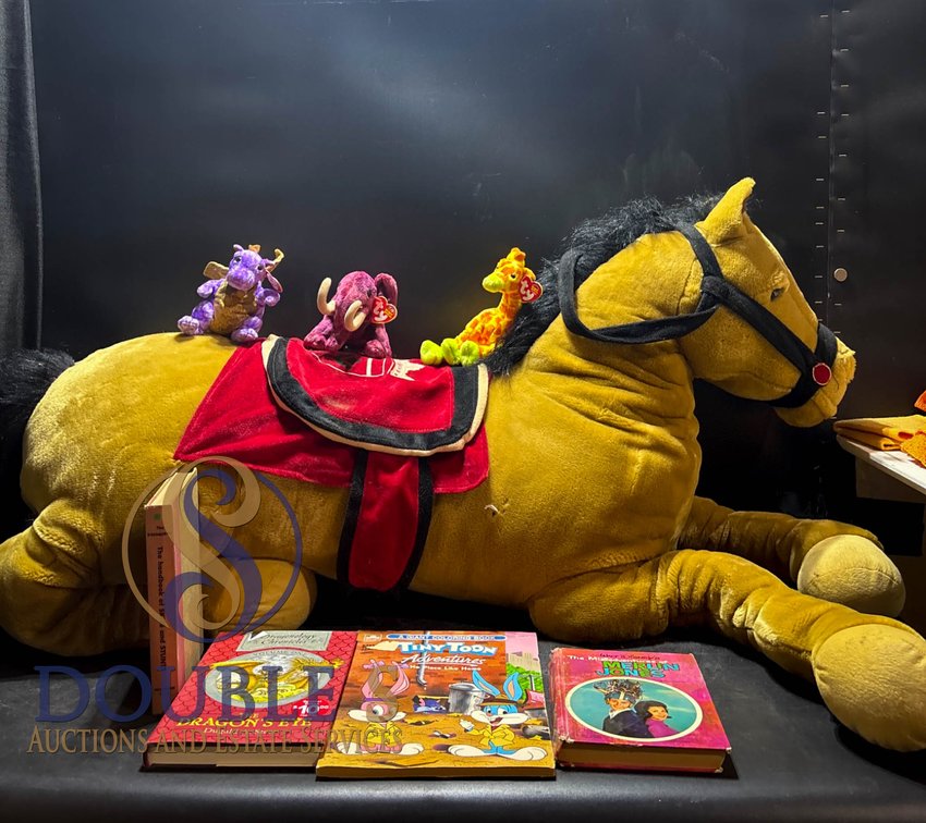 Plush Horse with Beanie Babies and Assorted Books Lot