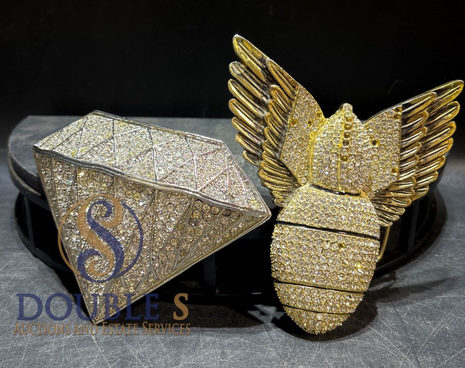Two Rhinestone-Encrusted Belt Buckles: Diamond and Winged Design