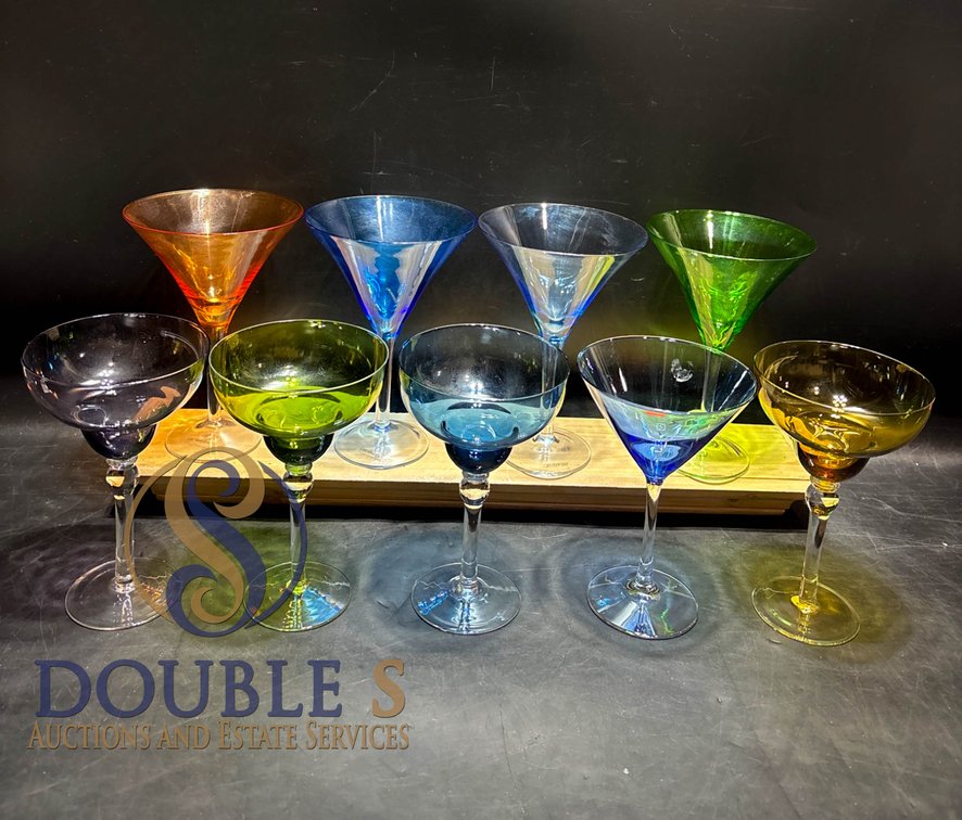 Eight Multicolored Glass Stemware with Wooden Display