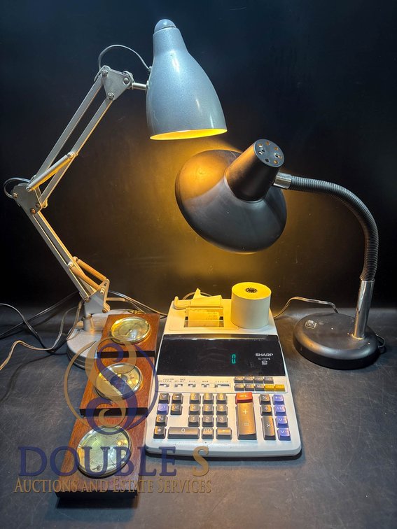 Desk Accessories Including Lamps, Calculator, and Weather Instruments