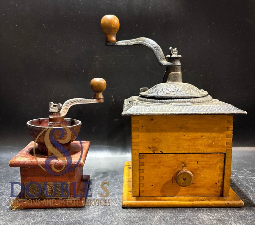 Vintage Cast-Iron and Wood Crank Coffee Grinders, Set of Two