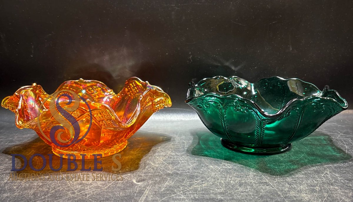 Carnival Glass and Green Glass Bowl Set, Ruffled Edges