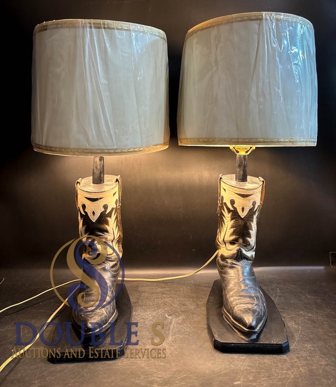 Cowboy Boot Table Lamps with Fabric Shades