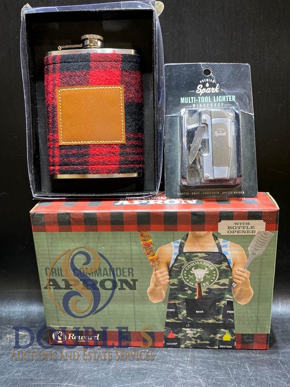 Set Including Grill Commander Apron, Plaid Flask, and Multi-Tool Lighter