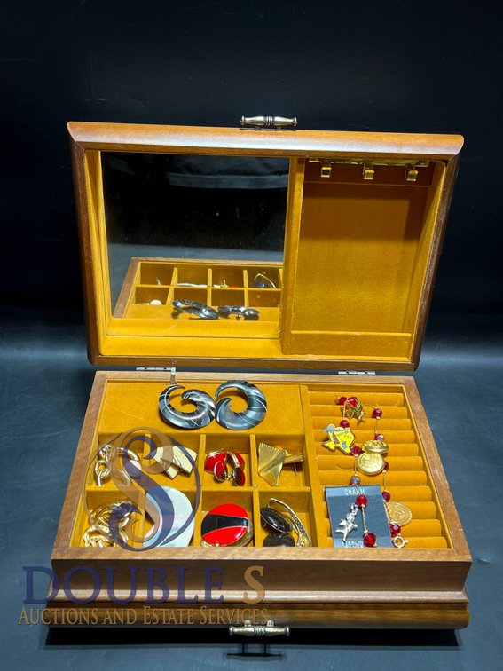 Wood Jewelry Box with Velvet Interior, Mirror, and Assorted Jewelry