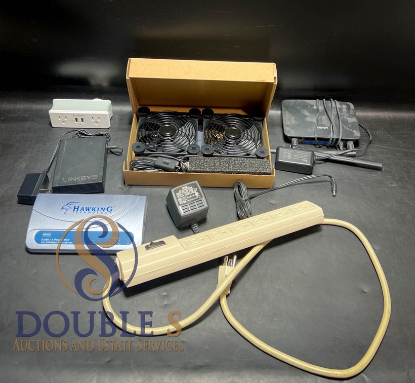 Networking Equipment Lot with Linksys RE6500HG and SE3008, Hawking HPS1U, and Accessories