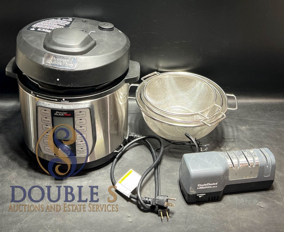 Power Quick Pot Multi-Cooker, Chef'sChoice Hybrid Knife Sharpener, and Two Silver Frying Baskets