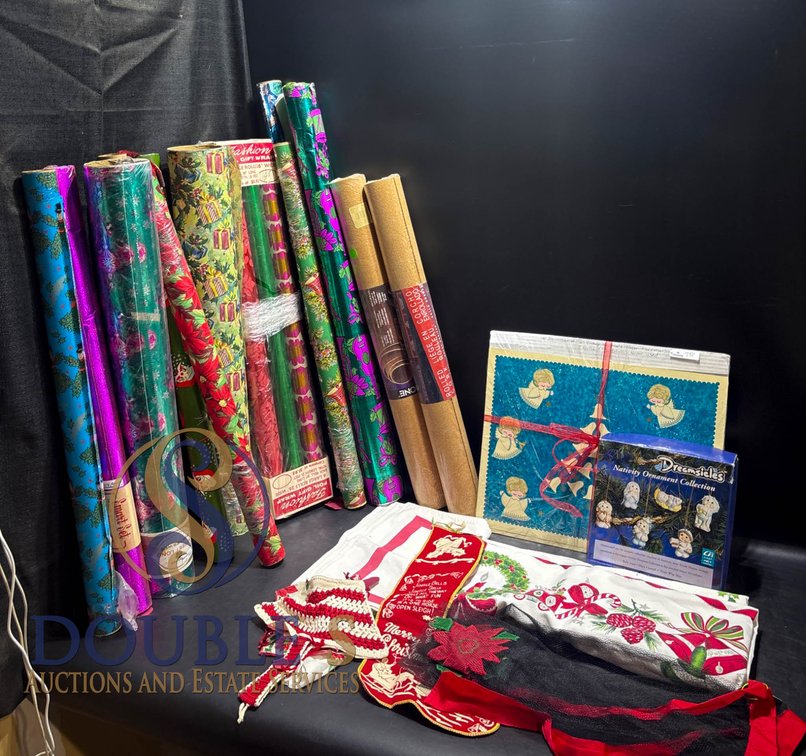 Christmas-Themed Gift Wrap Rolls, Textiles, and Decorations