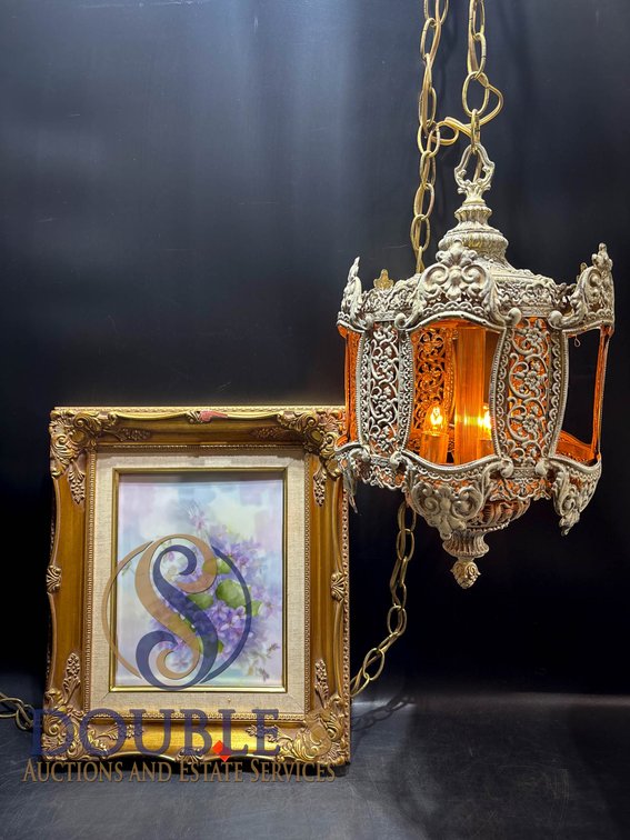 Ornate Metal Hanging Lantern with Framed Floral Artwork