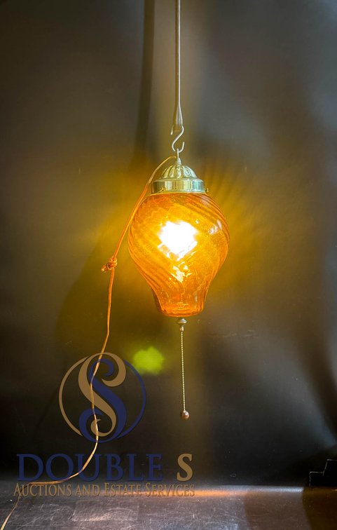 Amber Glass Swirl Pendant Light with Brass Cap and Pull Chain