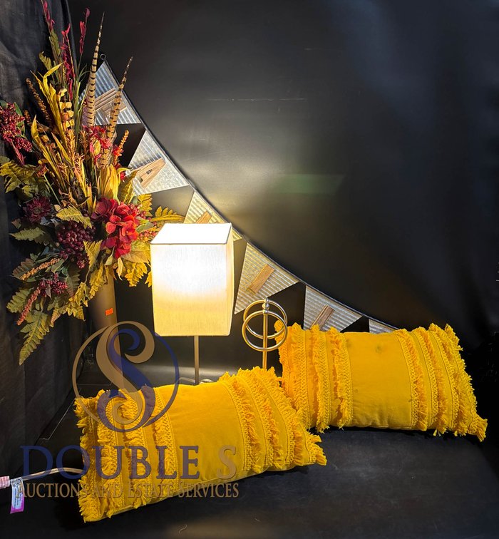 Decorative Lot: Faux Floral Arrangement, Table Lamp, Cushion Set, and Family Banner