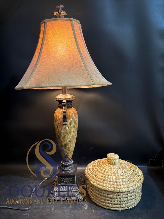 Decorative Table Lamp with Fabric Shade and Woven Lidded Basket