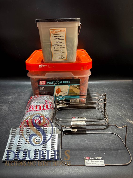 Construction Supplies With Cap Nails, Barbed Staples, and Rod Chairs