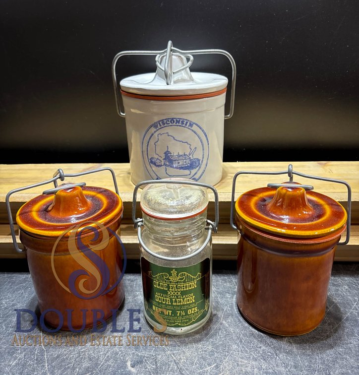 Four Jars, Including Stoneware and Glass Containers with Wire Bail Closures