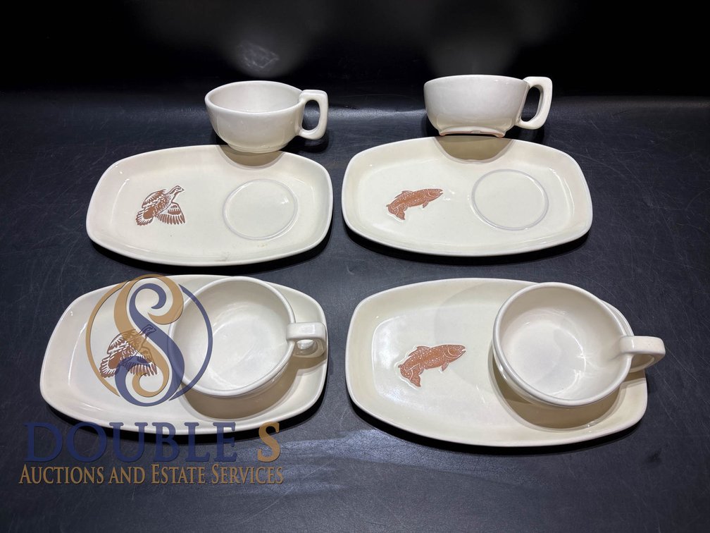 Four Frankoma Pottery Snack Plates and Cups with Animal Motifs