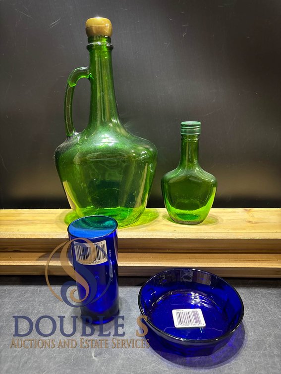 Green and Blue Glassware Set with Decanters, Tumbler, and Bowl