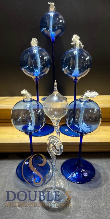 Six Decorative Glass Oil Lamps With Blue and Clear Stems