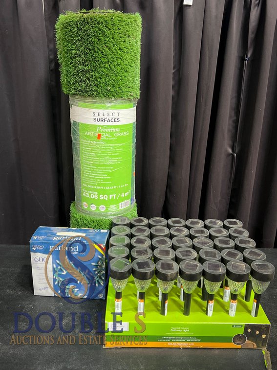 Artificial Grass, Garland Light Set, and Solar Pathway Lights