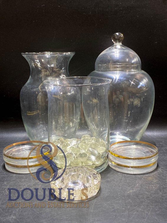 Glassware Including Jars, Vases, Coasters, and Flower Frog