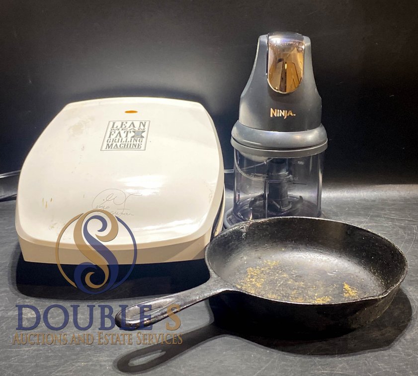Three Kitchen Items: George Foreman Grill, Cast Iron Skillet, and Ninja Food Chopper