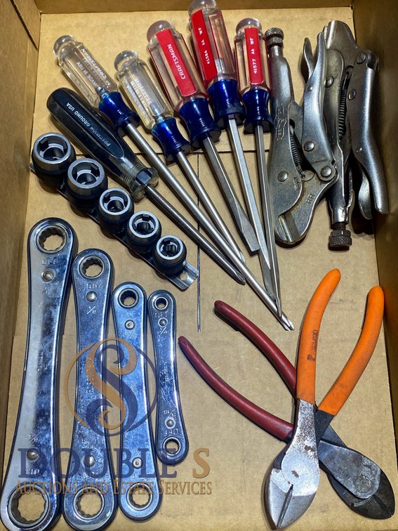 Hand Tool Collection Featuring Screwdrivers, Pliers, Ratcheting Wrenches, and Sockets