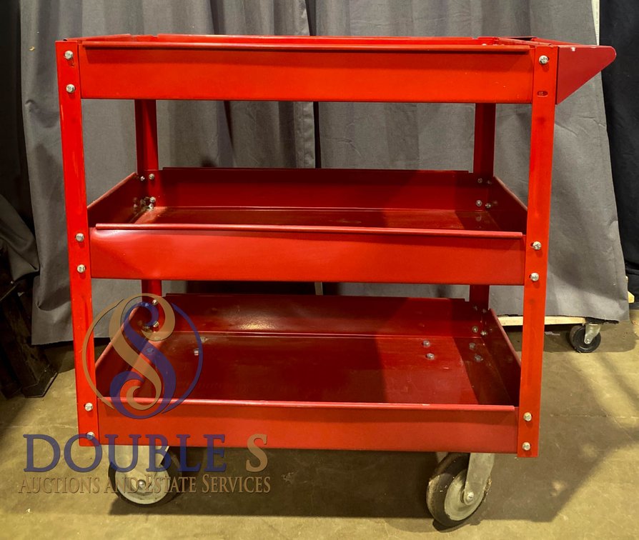 Red Metal Rolling Utility Cart with Three Shelves, 33x33x16 Inches