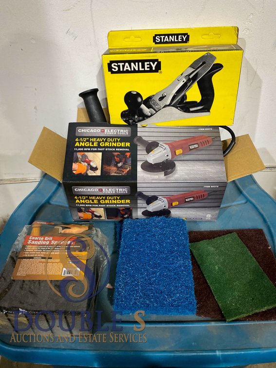 Stanley Bench Plane, Chicago Electric Angle Grinder, and Sanding Accessories Lot
