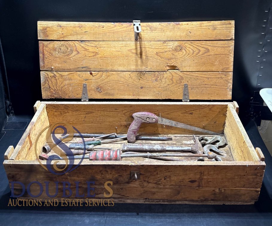 Wooden Tool Chest with Assortment of Metal Tools, L=13” W=33” H=8”