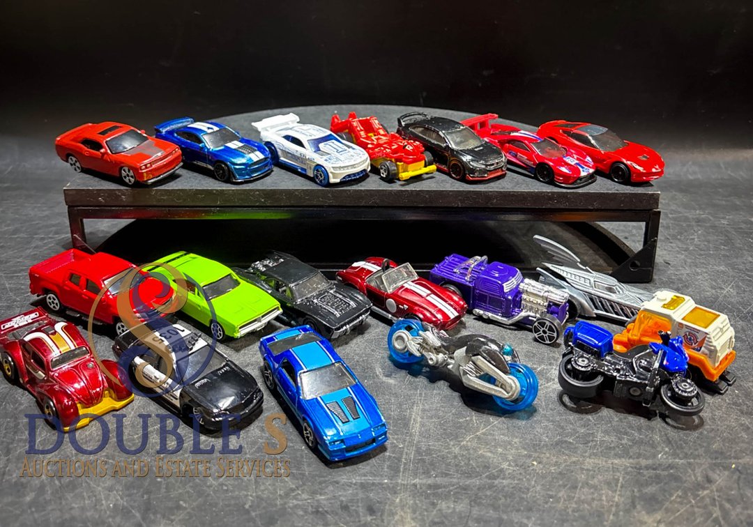 19 Die-Cast Toy Cars and Motorcycles with Display Stand
