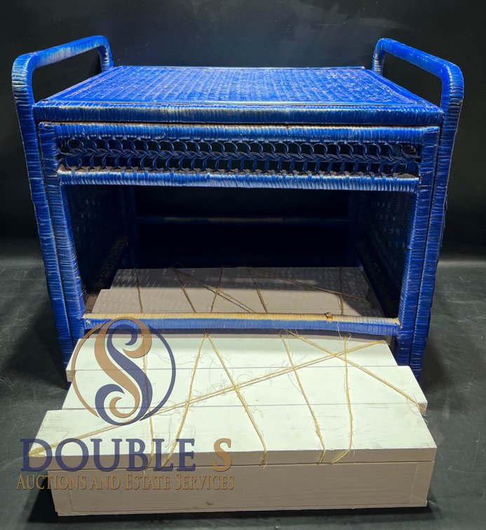 Blue Woven Stool and White Wooden Storage Box Set