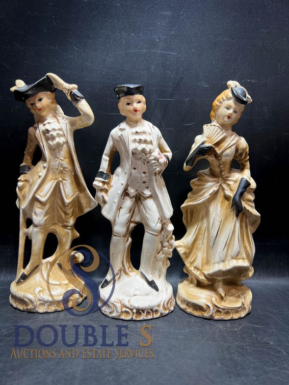 Three Ceramic Figurines in Victorian-Style Attire, 8 Inches