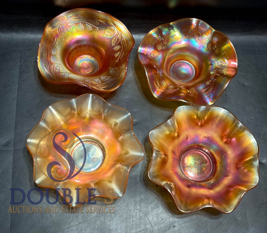 Four Fenton Marigold Carnival Glass Bowls with Ruffled Edges