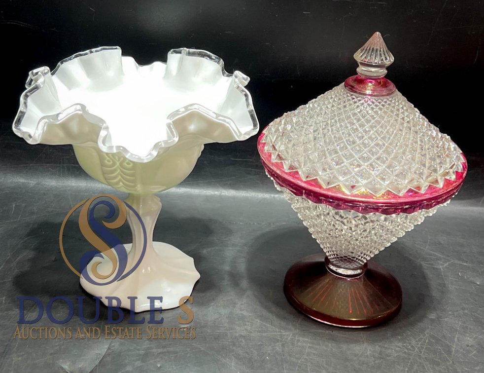 Milk Glass Ruffled Compote with Clear Edge & Crystal Covered Compote with Ruby Accents