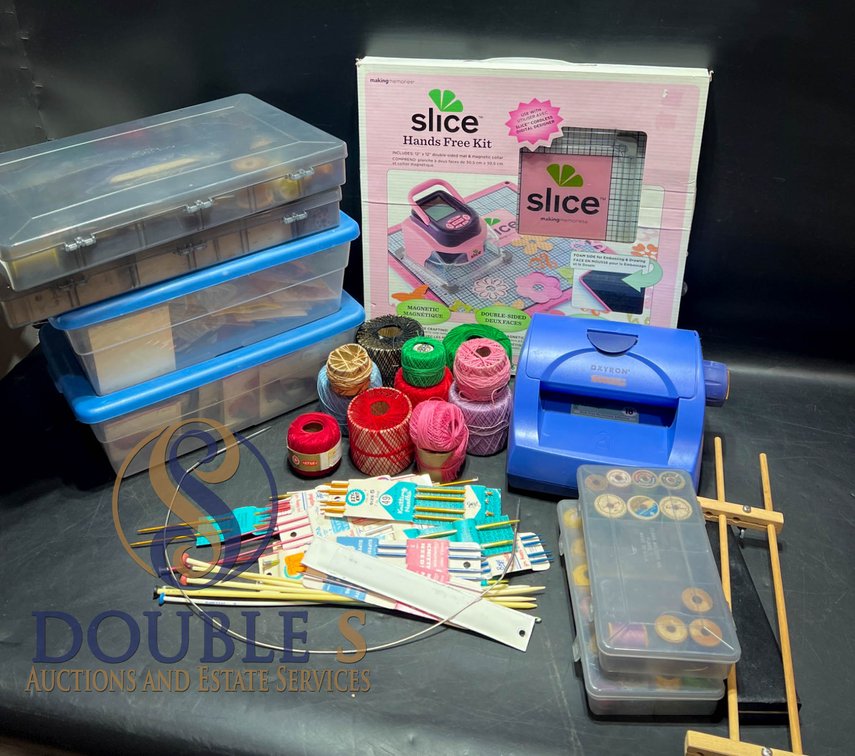 Crafting Lot Including Slice Hands-Free Kit, Xyron Sticker Maker, Threads, and Knitting Tools