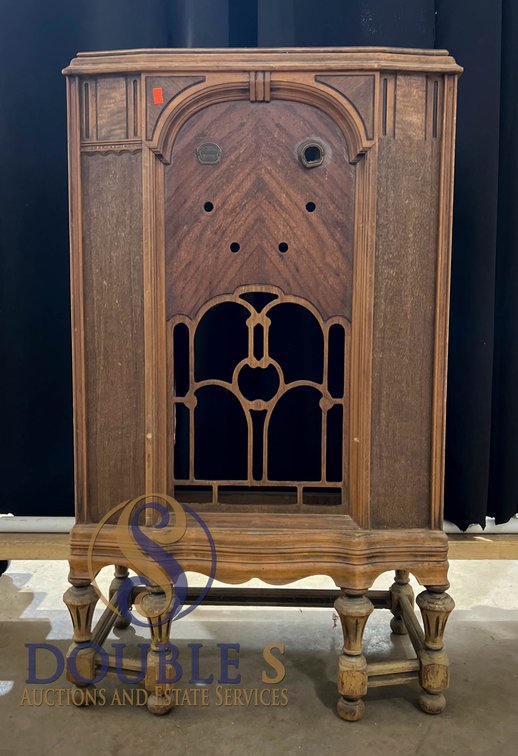 Wood Cabinet Radio Case with Arched and Geometric Detailing, 40" Tall