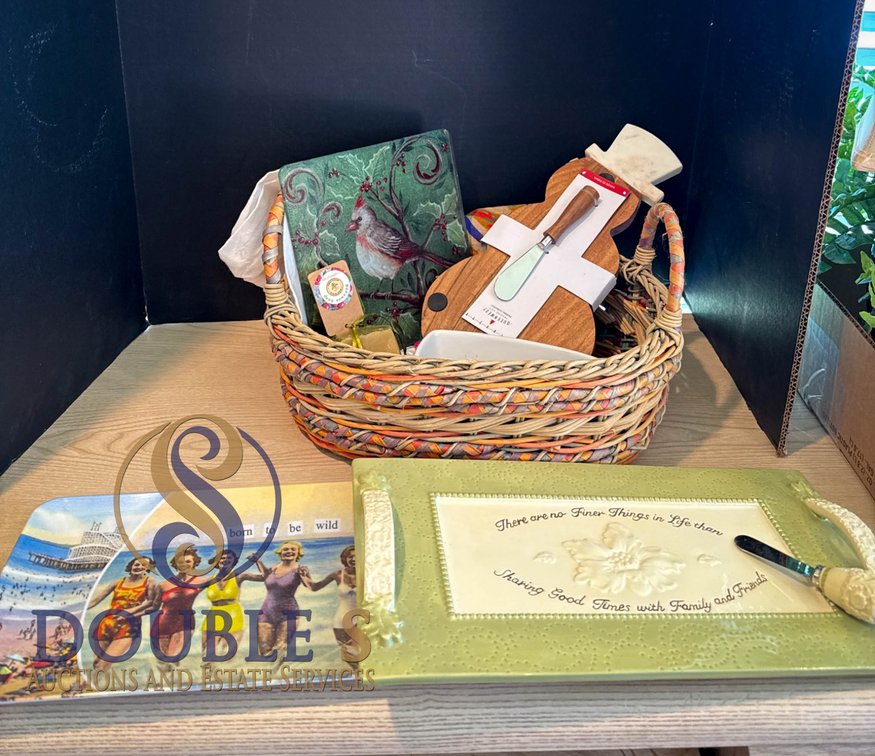 Decorative Bundle with Basket, Serving Trays, Plates, and Accessories